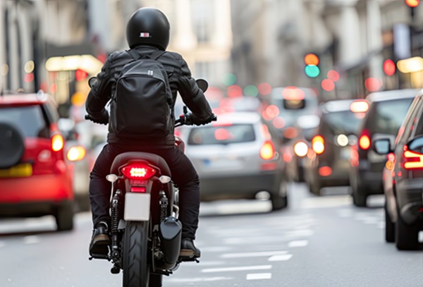 Motorcyclist wearing a black helmet and backpack riding through heavy city traffic, surrounded by cars and brake lights on a multi-lane street.