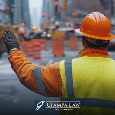 A construction worker in Westchester County on a job site wearing orange safety gear