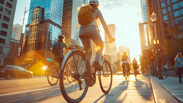 Group of cyclists riding through a city street at sunset with tall buildings and traffic in the background.