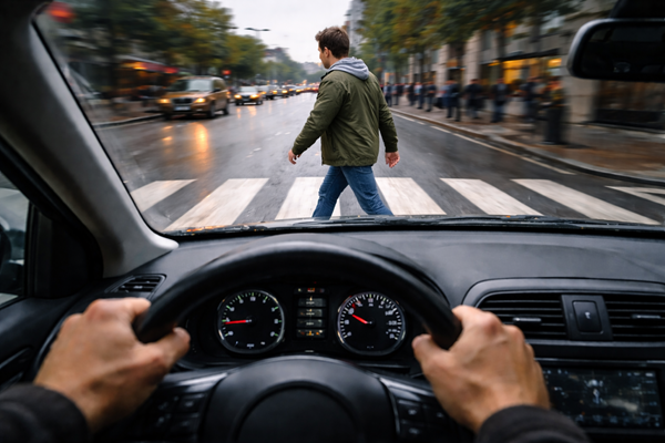 A first-person view from the driver's seat of a car on a rainy day in the Bronx, NY, with hands gripping the steering wheel. Through the windshield, a pedestrian in a green jacket is seen walking across a white-striped crosswalk right before the vehicle is about to strike him.