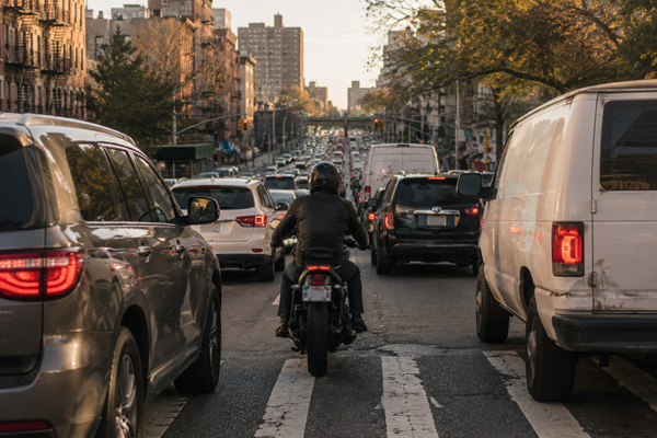 A motorcyclist in a black leather jacket and helmet navigating through dense, multi-lane traffic on a busy New York City street at sunset, highlighting the constant injury risks and congestion faced by riders in the city.
