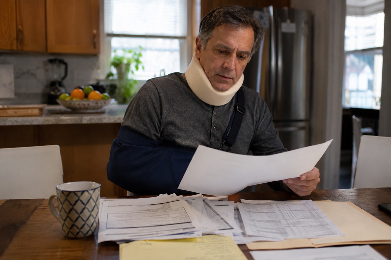 A middle-aged man wearing a foam neck brace and an arm sling sits at his kitchen table, reviewing medical bills and insurance paperwork.