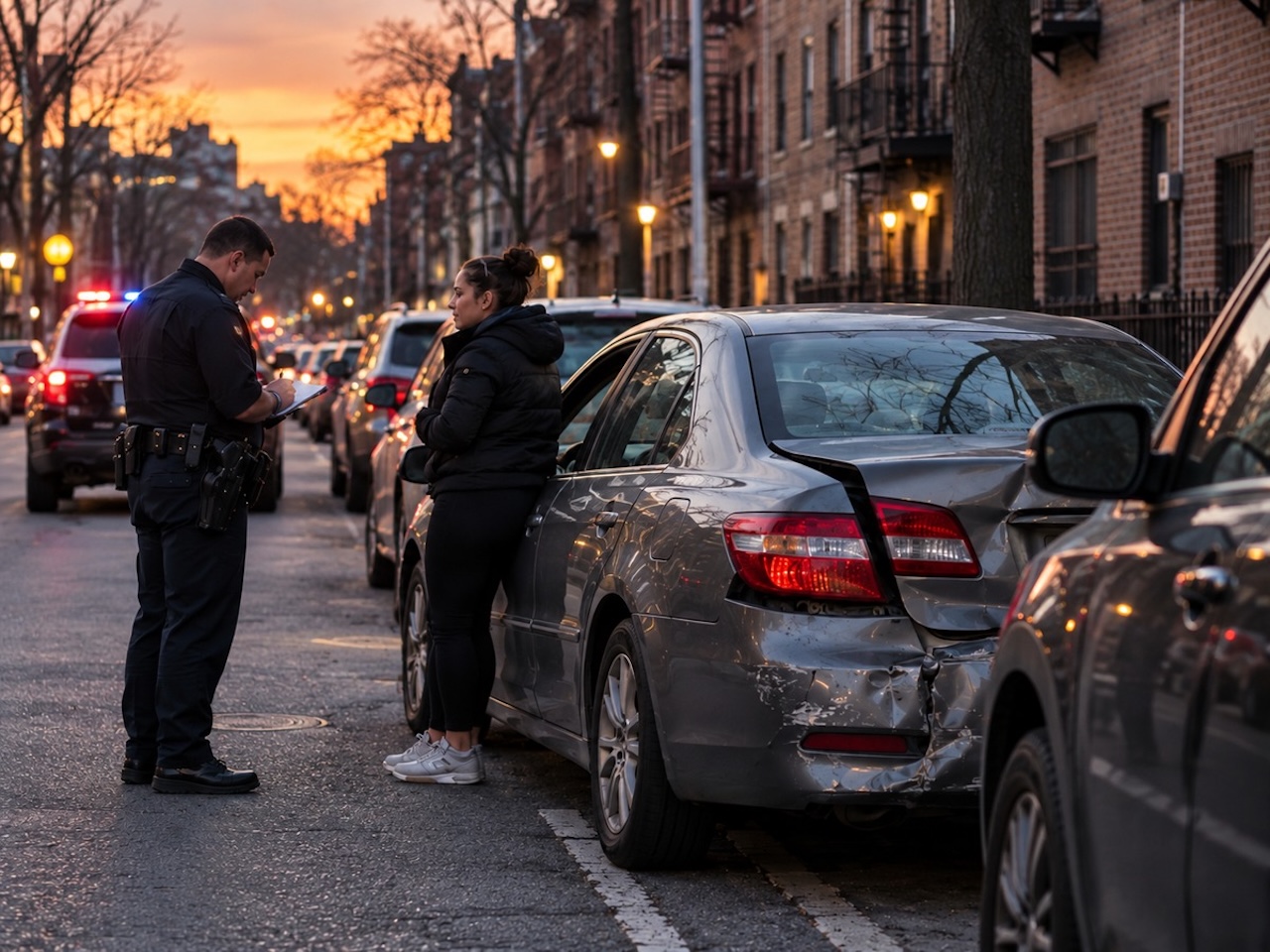 Police officer taking notes beside a driver and a rear-damaged car parked on a Bronx street at dusk after a hit-and-run crash.